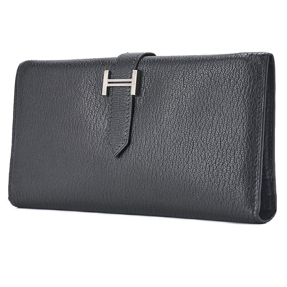 HERMES Bairn Classic Bi-fold Long Wallet, Chèvre, Black, Silver-Tone Hardware, Pre-Owned - Vintage La Charme