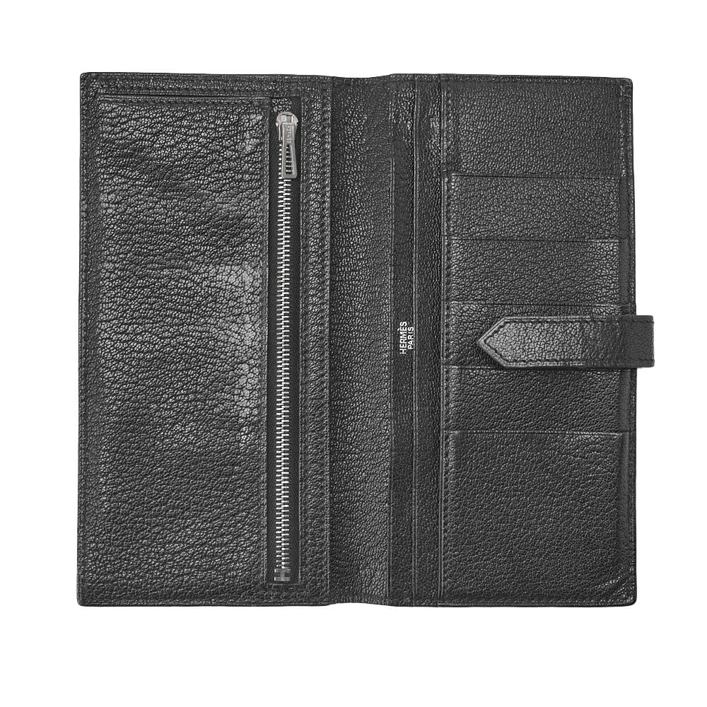 HERMES Bairn Classic Bi-fold Long Wallet, Chèvre, Black, Silver-Tone Hardware, Pre-Owned - Vintage La Charme