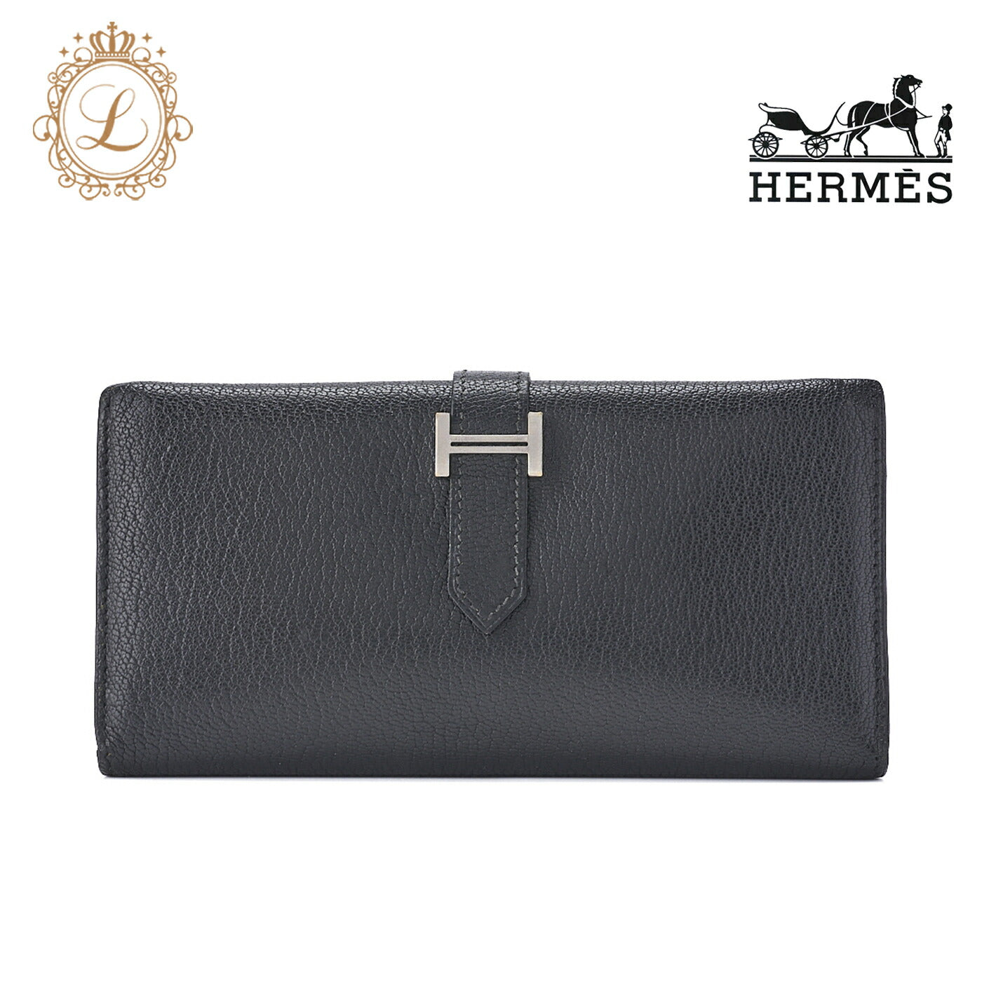 HERMES Bairn Classic Bi-fold Long Wallet, Chèvre, Black, Silver-Tone Hardware, Pre-Owned - Vintage La Charme