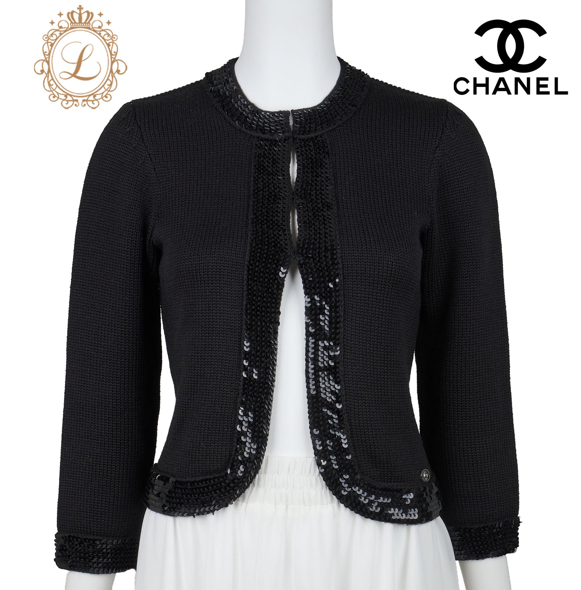 CHANEL Cardigan, Short Length, Knit, Wool, Black, Gold-Tone Hardware, Pre-Owned - Vintage La Charme