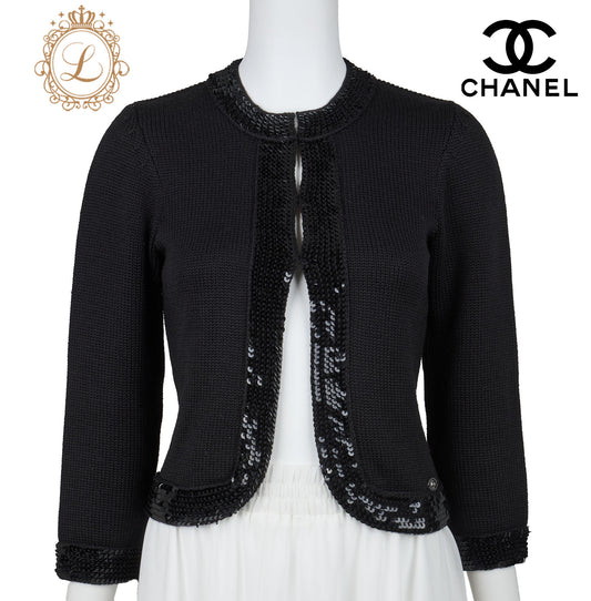 CHANEL Cardigan, Short Length, Knit, Wool, Black, Gold-Tone Hardware, Pre-Owned - Vintage La Charme