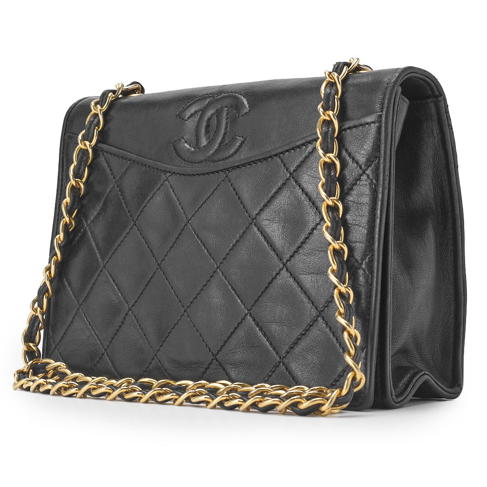 CHANEL Chain Shoulder Bag, Coco Mark, Full Flap Push Lock, Lambskin, Black, Gold-Tone Hardware, Pre-Owned - Vintage La Charme