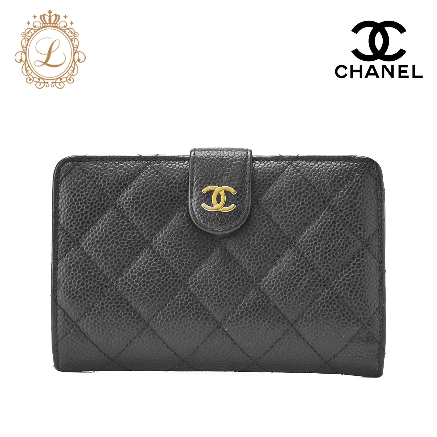 CHANEL Bi-Fold Wallet Matelasse Caviar Skin Black Gold-Tone Hardware Pre-Owned - Vintage La Charme