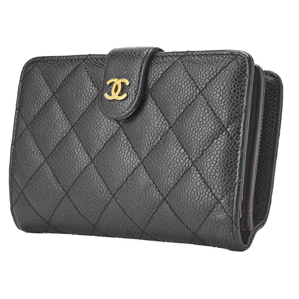 CHANEL Bi-Fold Wallet Matelasse Caviar Skin Black Gold-Tone Hardware Pre-Owned - Vintage La Charme