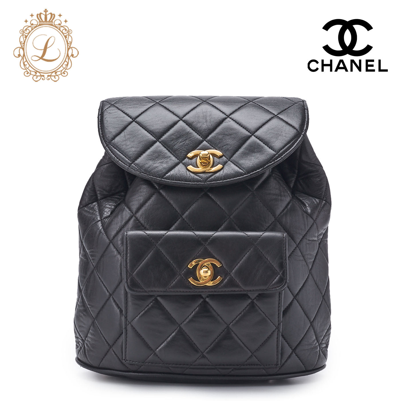 CHANEL Chain Backpack Bag, Matelasse Outside Flap Turn Lock, Lambskin, Black, Gold-Tone Hardware, Pre-Owned - Vintage La Charme