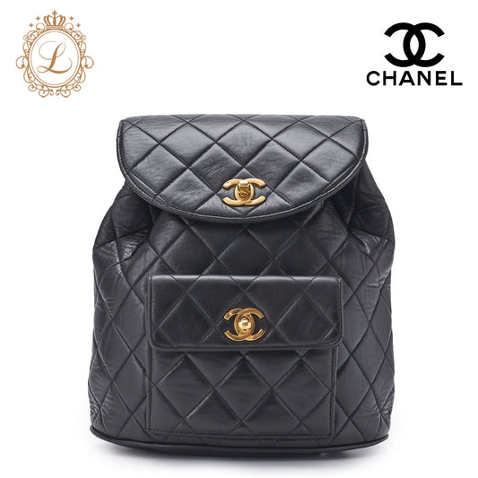 CHANEL Chain Backpack Bag, Matelasse Outside Flap Turn Lock, Lambskin, Black, Gold-Tone Hardware, Pre-Owned - Vintage La Charme