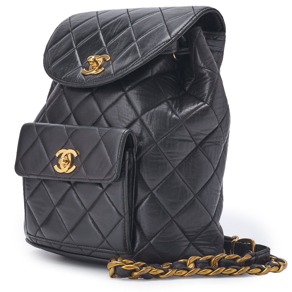 CHANEL Chain Backpack Bag, Matelasse Outside Flap Turn Lock, Lambskin, Black, Gold-Tone Hardware, Pre-Owned - Vintage La Charme