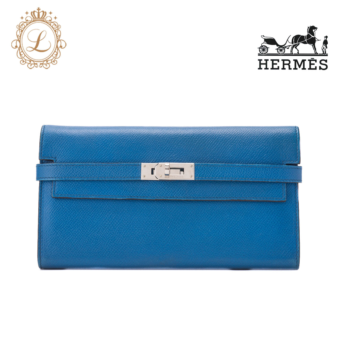 HERMES Kelly Wallet 2 Fold Long Wallet Epson Leather Blue Ismir Silver-Tone Hardware Pre-Owned - Vintage La Charme
