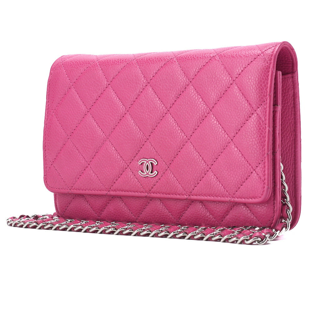 CHANEL Chain Wallet, Matelasse, Caviar Skin, Pink, Silver-Tone Hardware, Pre-Owned - Vintage La Charme