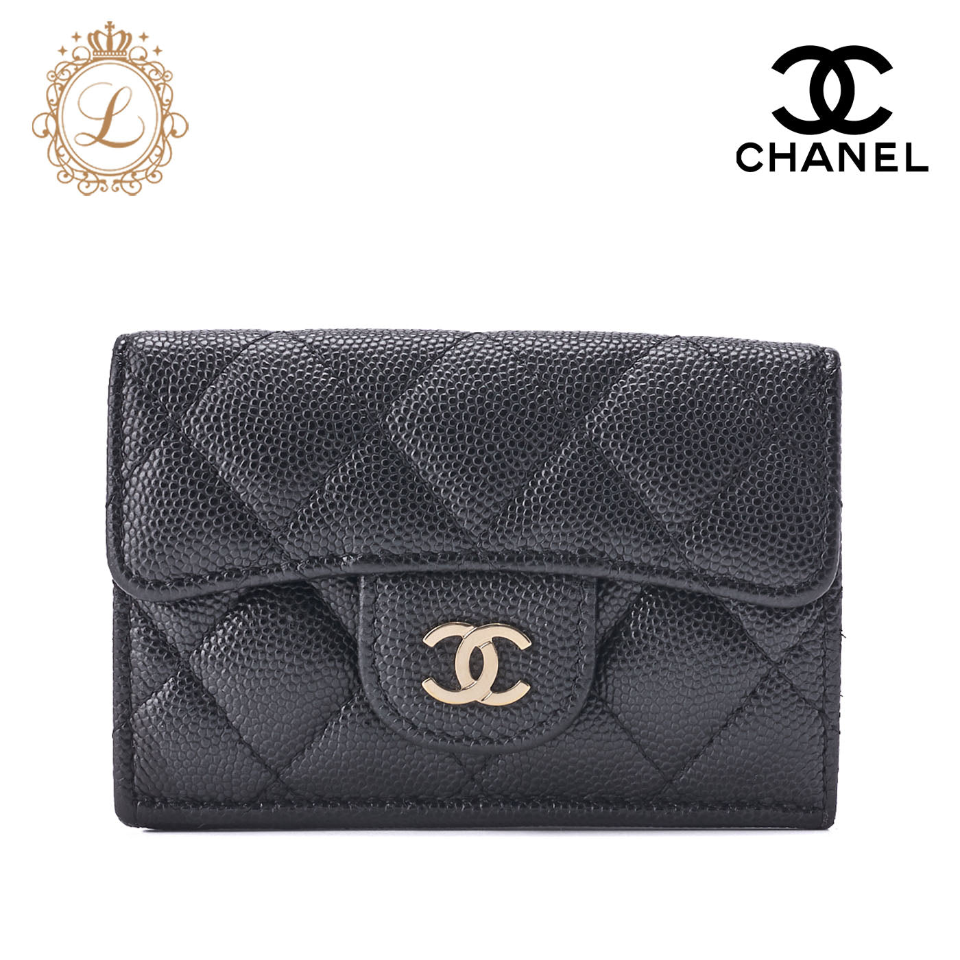 CHANEL Tri-Fold Compact Wallet, Matelasse, Caviar Skin, Black, Gold-Tone Hardware, Pre-Owned - Vintage La Charme
