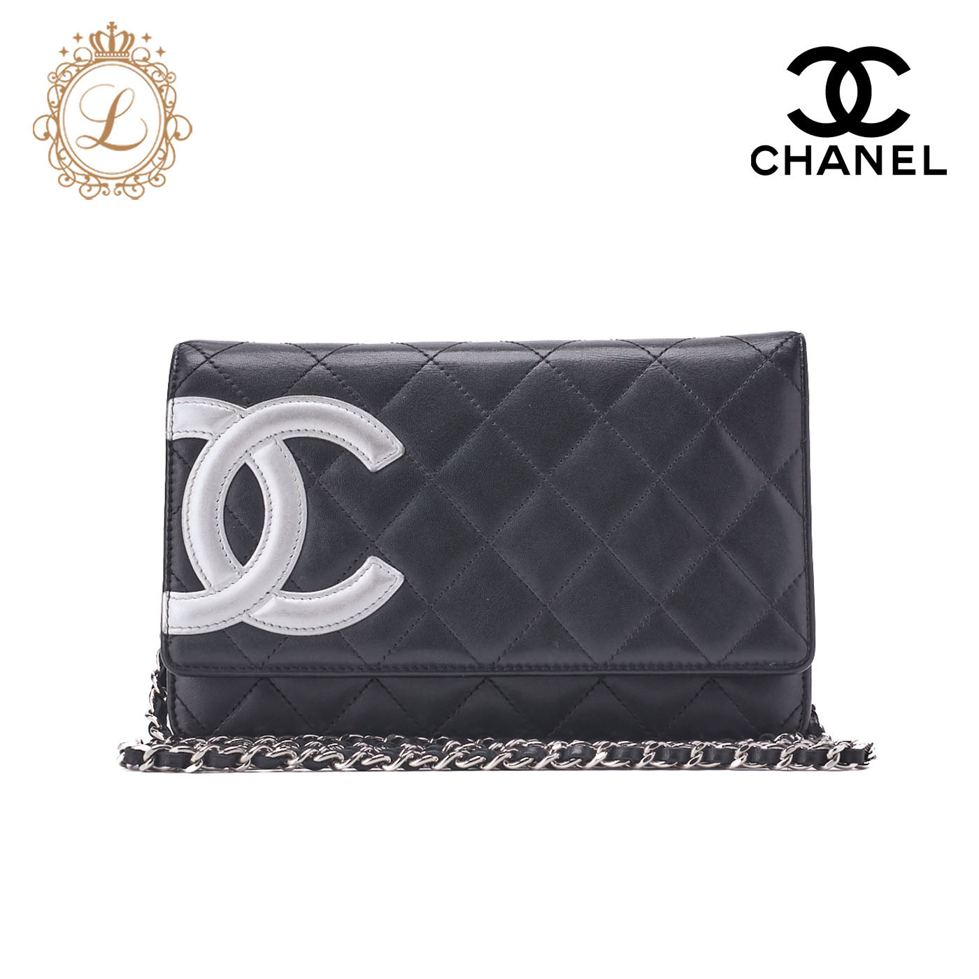 CHANEL Chain Wallet, Cambon Line, Folding, Calfskin, Black, Silver-Tone Hardware, Pre-Owned - Vintage La Charme