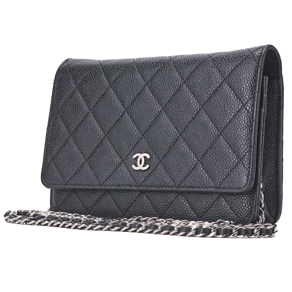 CHANEL Chain Wallet Matelasse Caviar Leather Black Silver-Tone Hardware Pre-Owned - Vintage La Charme
