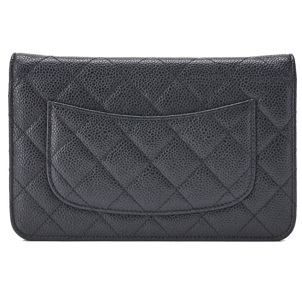 CHANEL Chain Wallet Matelasse Caviar Leather Black Silver-Tone Hardware Pre-Owned - Vintage La Charme