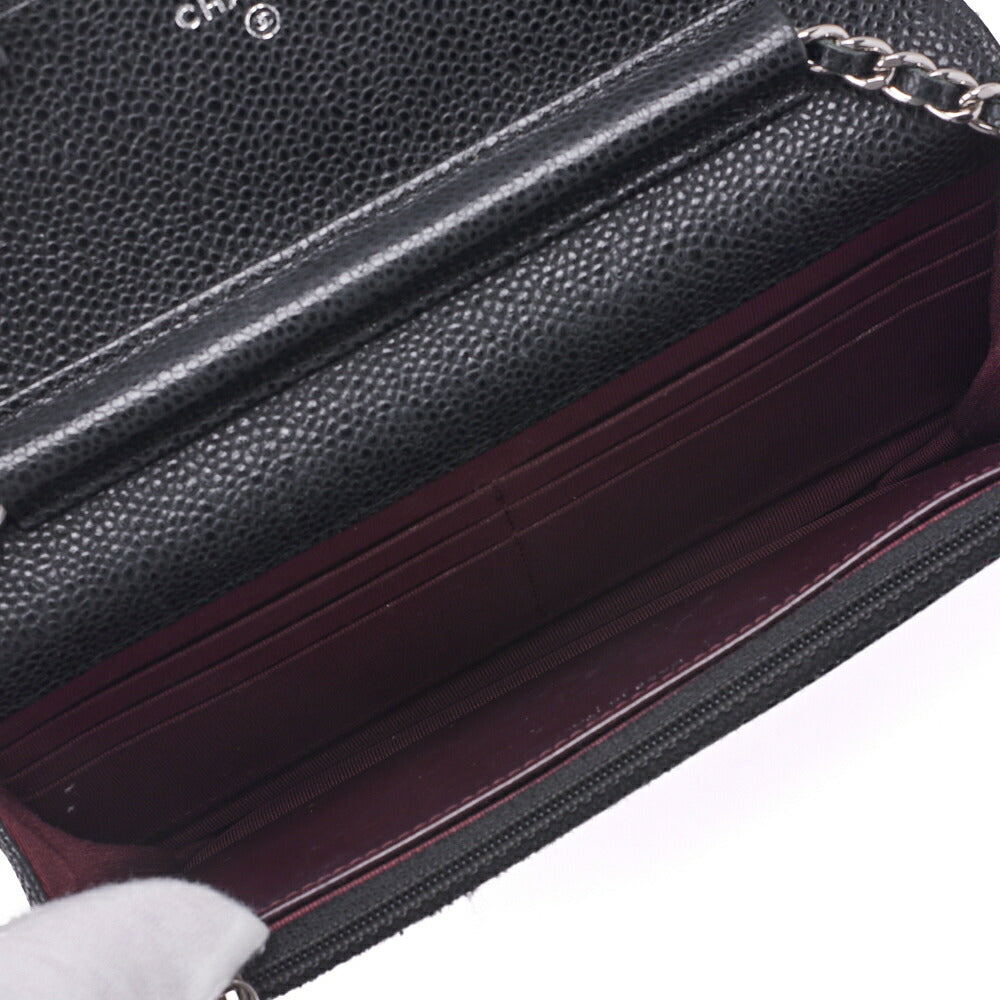 CHANEL Chain Wallet Matelasse Caviar Leather Black Silver-Tone Hardware Pre-Owned - Vintage La Charme
