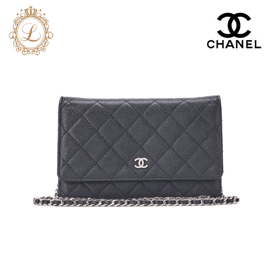 CHANEL Chain Wallet Matelasse Caviar Leather Black Silver-Tone Hardware Pre-Owned - Vintage La Charme