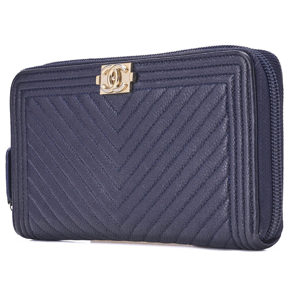 CHANEL Boy Chanel V-Stitch Round Long Wallet, Caviar Skin, Navy, Gold-Tone Hardware, Pre-Owned - Vintage La Charme