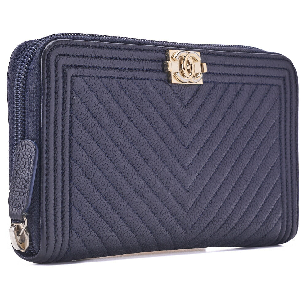 CHANEL Boy Chanel V-Stitch Round Long Wallet, Caviar Skin, Navy, Gold-Tone Hardware, Pre-Owned - Vintage La Charme