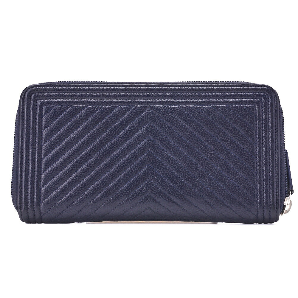 CHANEL Boy Chanel V-Stitch Round Long Wallet, Caviar Skin, Navy, Gold-Tone Hardware, Pre-Owned - Vintage La Charme