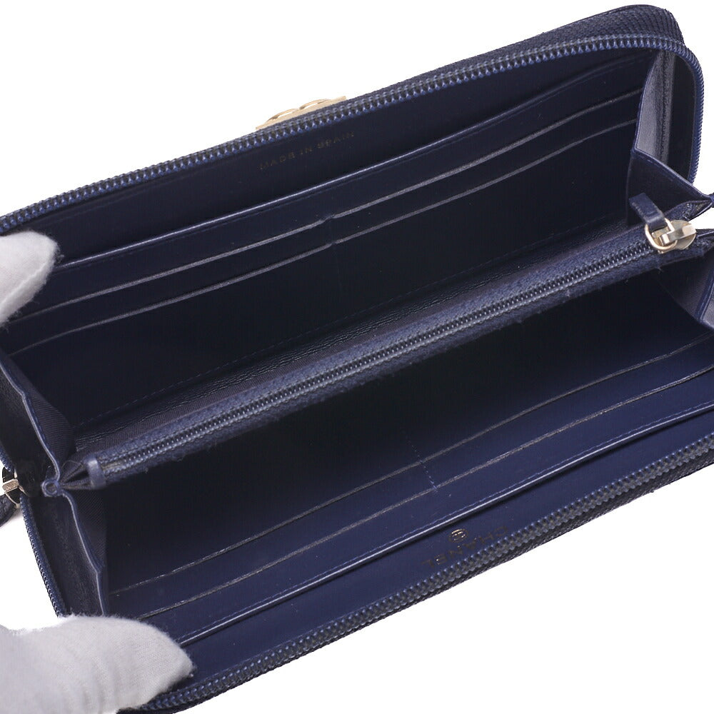 CHANEL Boy Chanel V-Stitch Round Long Wallet, Caviar Skin, Navy, Gold-Tone Hardware, Pre-Owned - Vintage La Charme