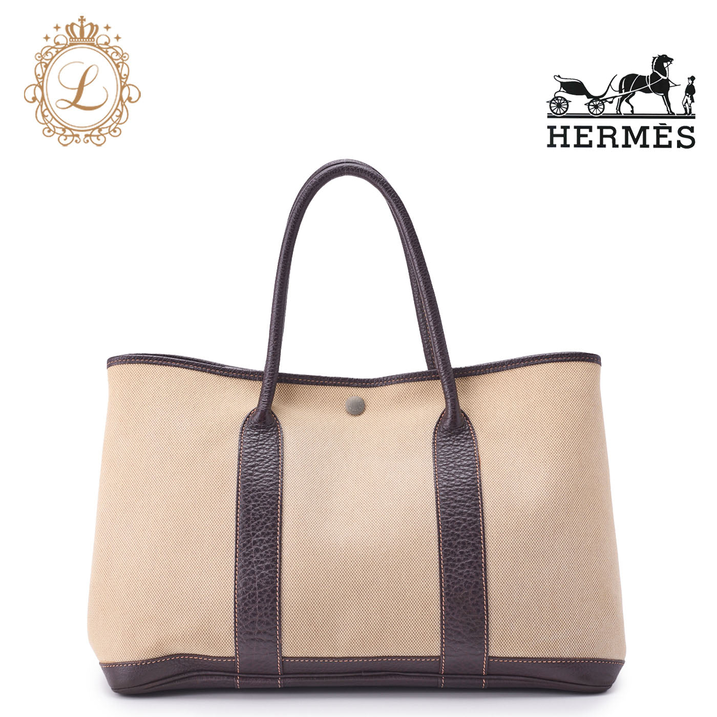 HERMES Garden Party PM Tote Bag, Toile, Ash Brown, Silver-Tone Hardware, Pre-Owned - Vintage La Charme