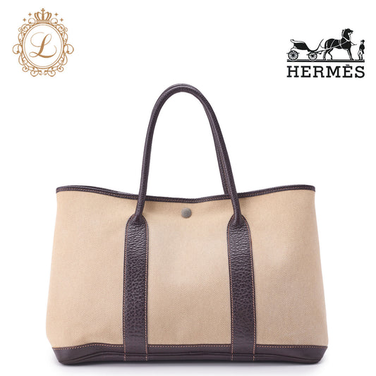 HERMES Garden Party PM Tote Bag, Toile, Ash Brown, Silver-Tone Hardware, Pre-Owned - Vintage La Charme