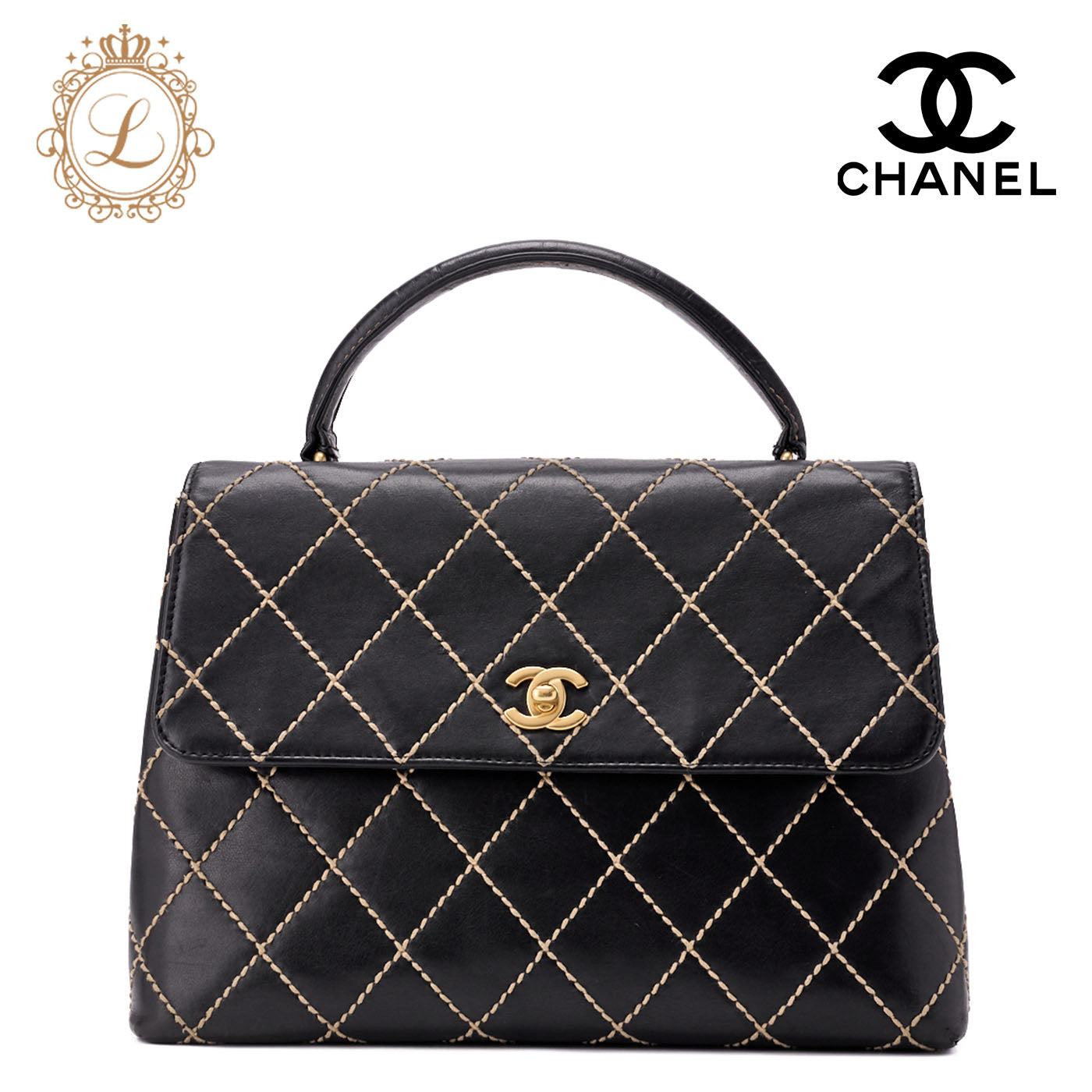CHANEL Tote Bag Wild Stitch Turn Lock Calfskin Black Gold-Tone Hardware Pre-Owned - Vintage La Charme