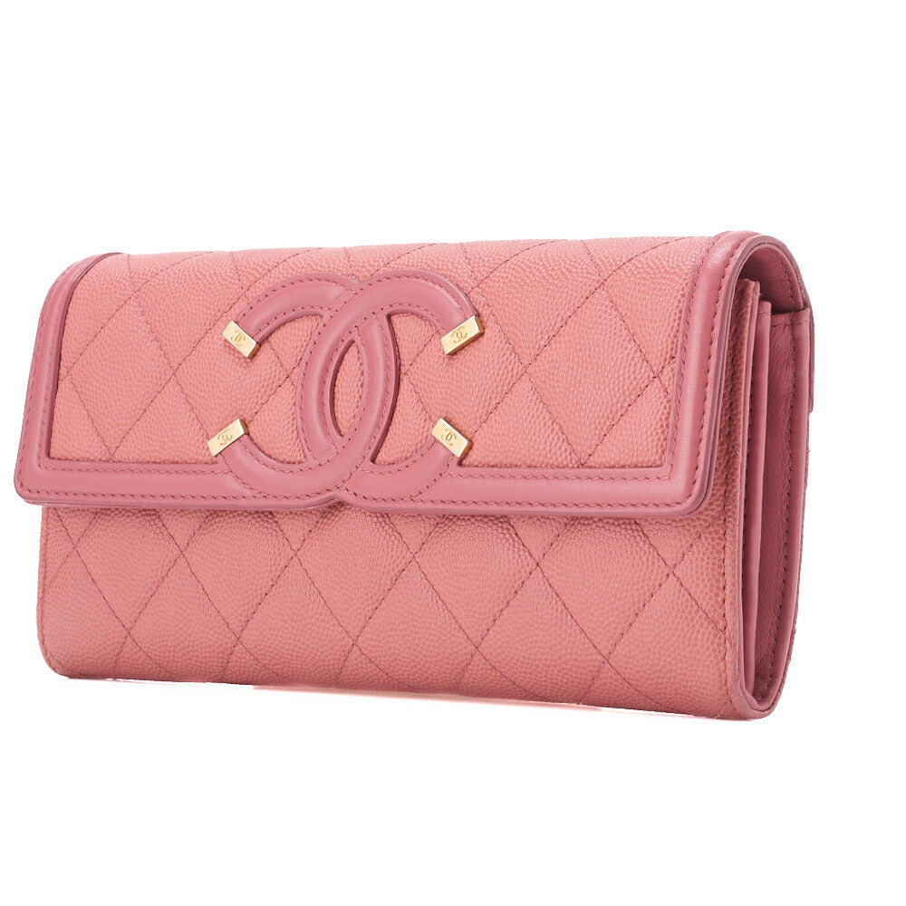 CHANEL Bi-Fold Long Wallet Matelasse CC Filigree Caviar Skin Pink Gold-Tone Hardware Pre-Owned - Vintage La Charme