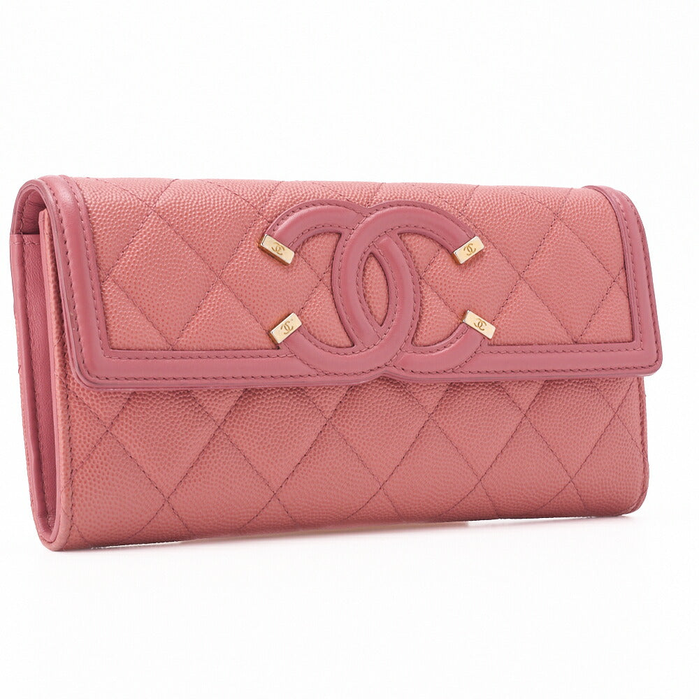 CHANEL Bi-Fold Long Wallet Matelasse CC Filigree Caviar Skin Pink Gold-Tone Hardware Pre-Owned - Vintage La Charme