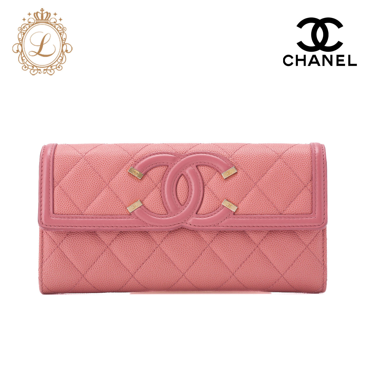 CHANEL Bi-Fold Long Wallet Matelasse CC Filigree Caviar Skin Pink Gold-Tone Hardware Pre-Owned - Vintage La Charme