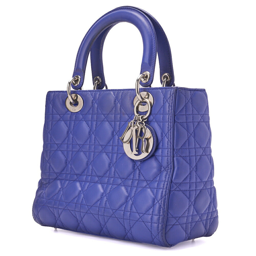 Dior Lady Dior Cannage Handbag Lambskin Blue Silver-Tone Hardware Pre-Owned - Vintage La Charme