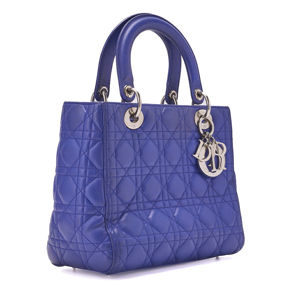 Dior Lady Dior Cannage Handbag Lambskin Blue Silver-Tone Hardware Pre-Owned - Vintage La Charme