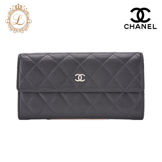 CHANEL Bi-fold Long Wallet Matelasse Caviar Skin Black Silver-Tone Hardware Pre-Owned - Vintage La Charme