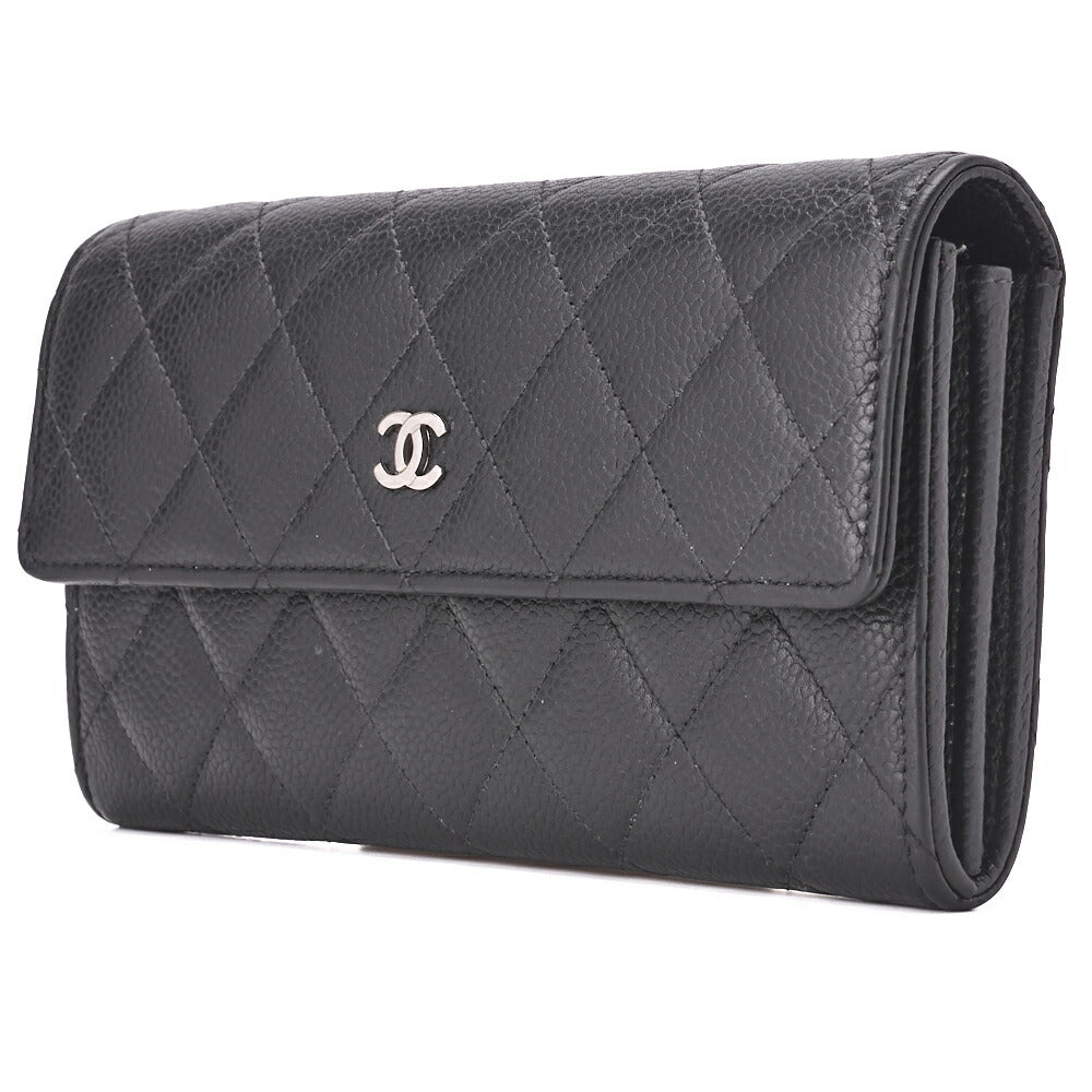 CHANEL Bi-fold Long Wallet Matelasse Caviar Skin Black Silver-Tone Hardware Pre-Owned - Vintage La Charme