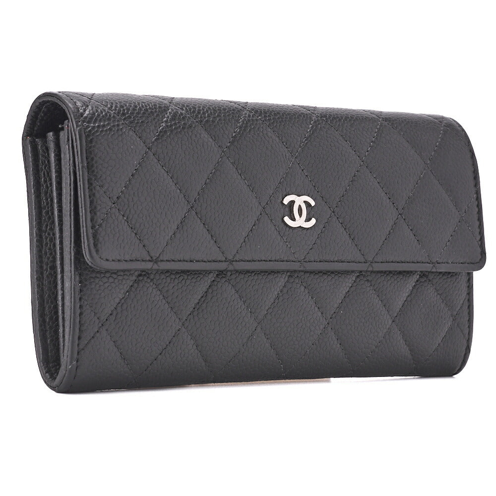 CHANEL Bi-fold Long Wallet Matelasse Caviar Skin Black Silver-Tone Hardware Pre-Owned - Vintage La Charme