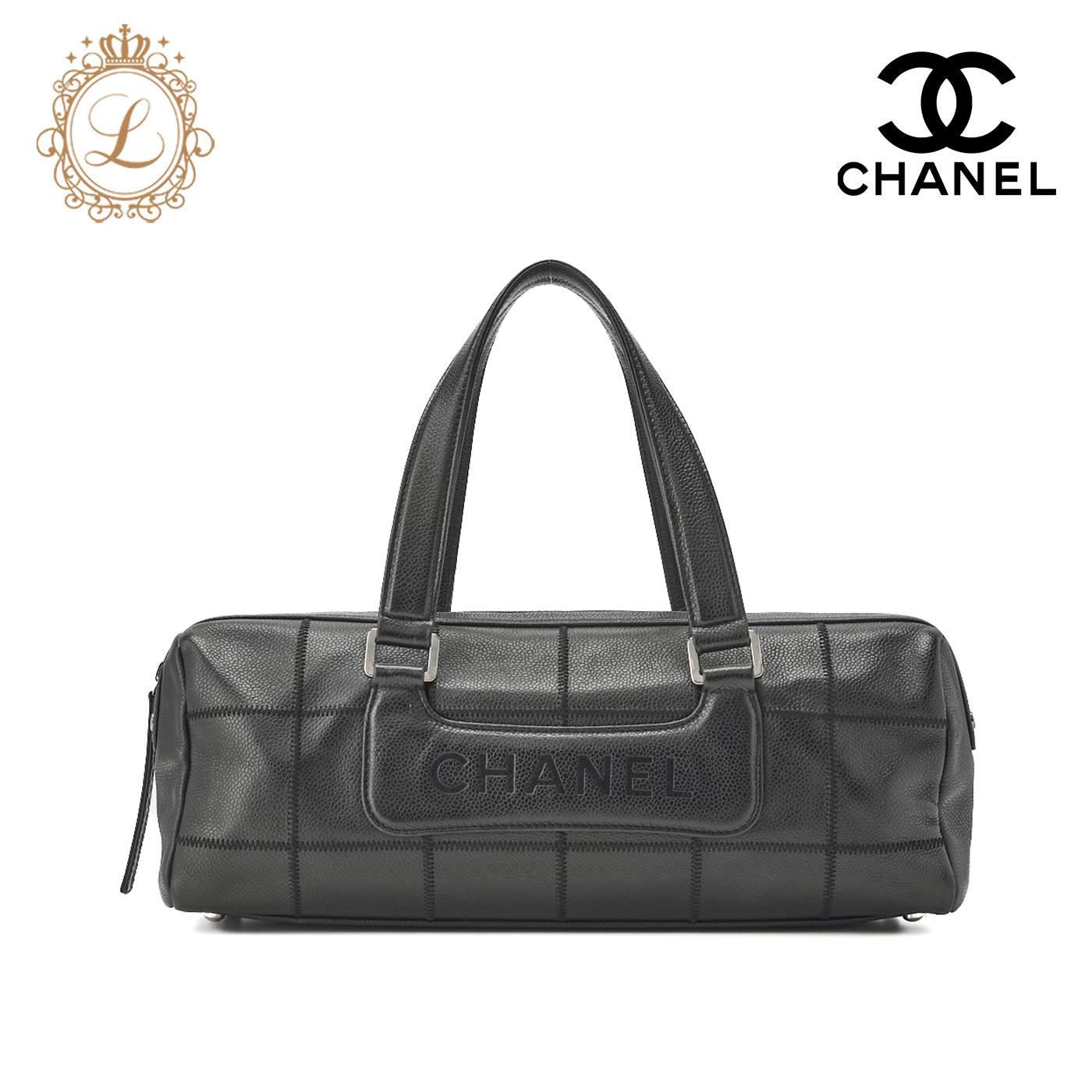 CHANEL Shoulder Bag, Chocolate Bar Logo, Caviar Skin, Black, Silver-Tone Hardware, Pre-Owned - Vintage La Charme