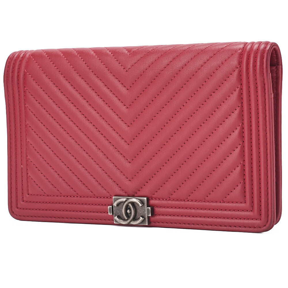 Chanel Bi-Fold Long Wallet V Stitch Lambskin Red Gold-Tone Hardware Pre-Owned - Vintage La Charme
