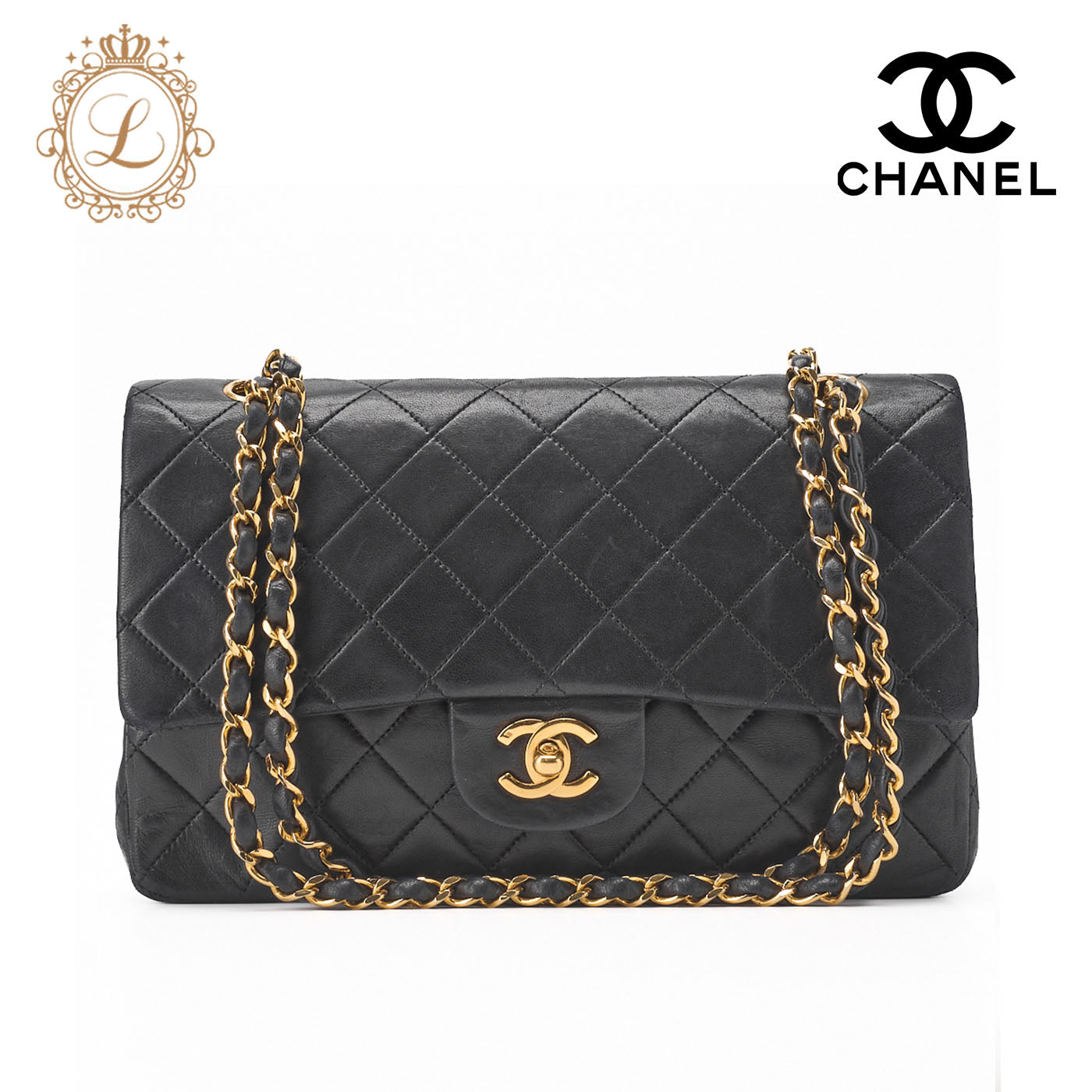 CHANEL Shoulder Bag, Matelasse Double Flap, Lambskin, Black, Gold-Tone Hardware, Pre-Owned - Vintage La Charme