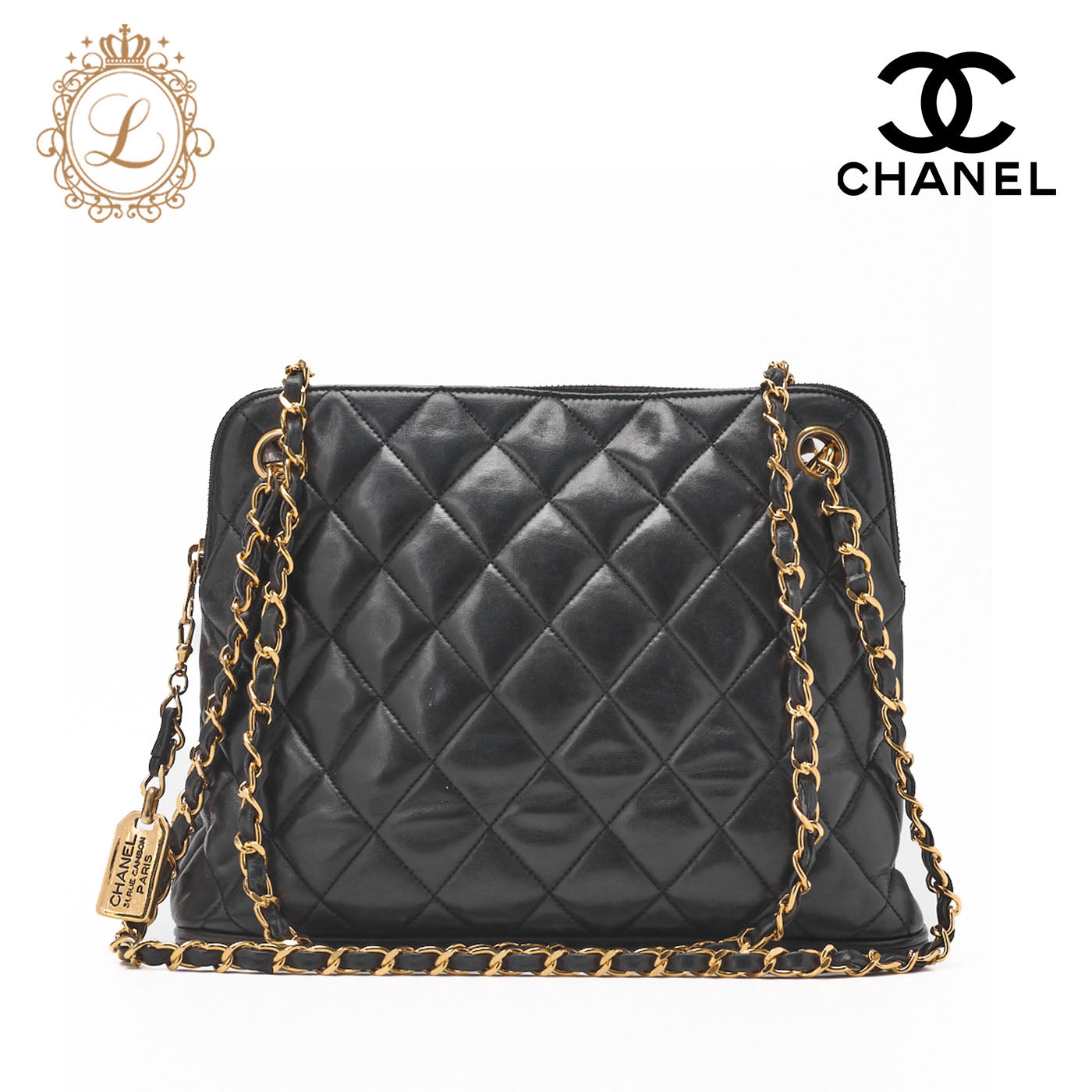 CHANEL Shoulder Bag Matelasse Plate Charm Lambskin Black Gold-Tone Hardware Pre-Owned - Vintage La Charme