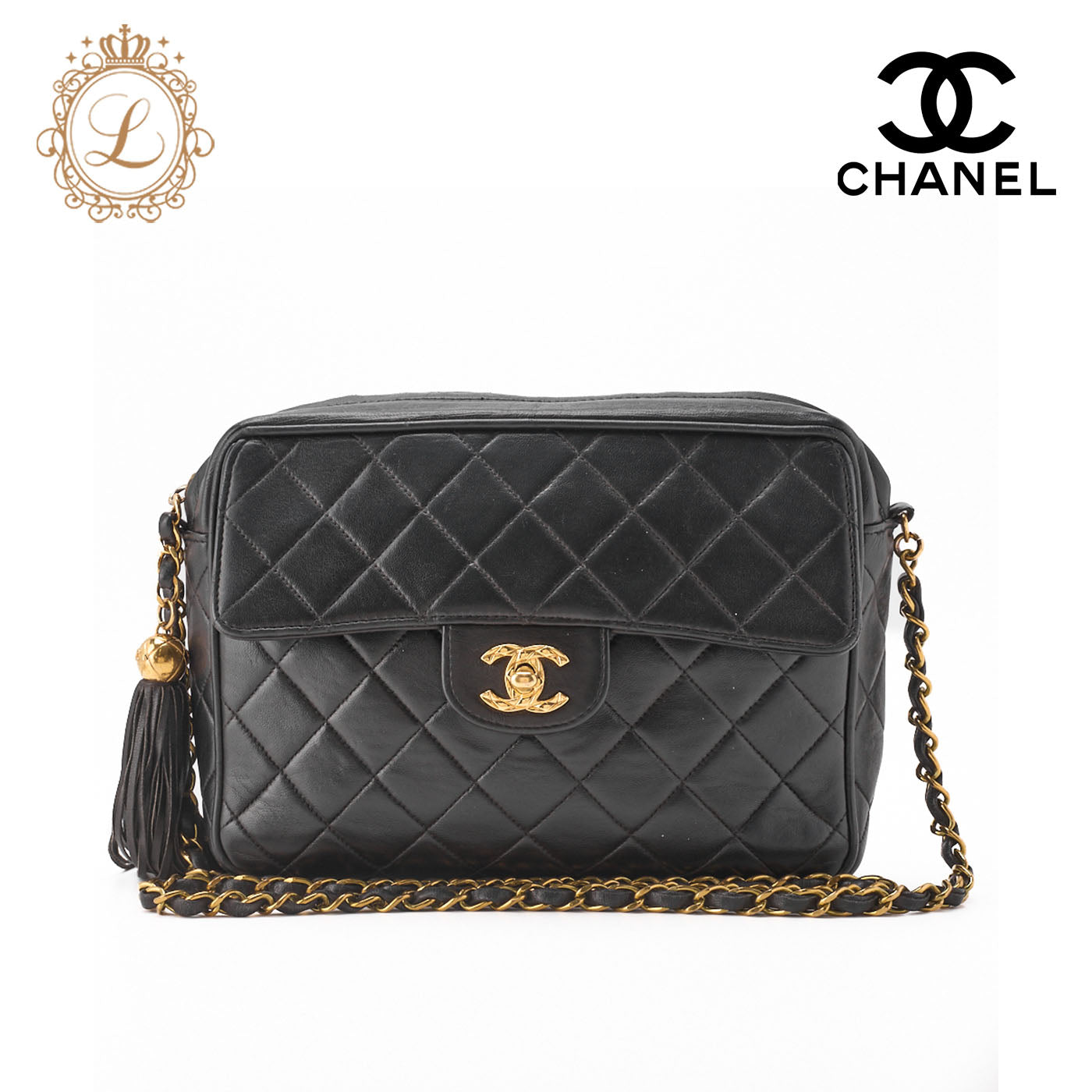 CHANEL Shoulder Bag Matelasse Outside Flap Fringe Chain Shoulder Lambskin Black Gold-Tone Hardware Pre-Owned - Vintage La Charme