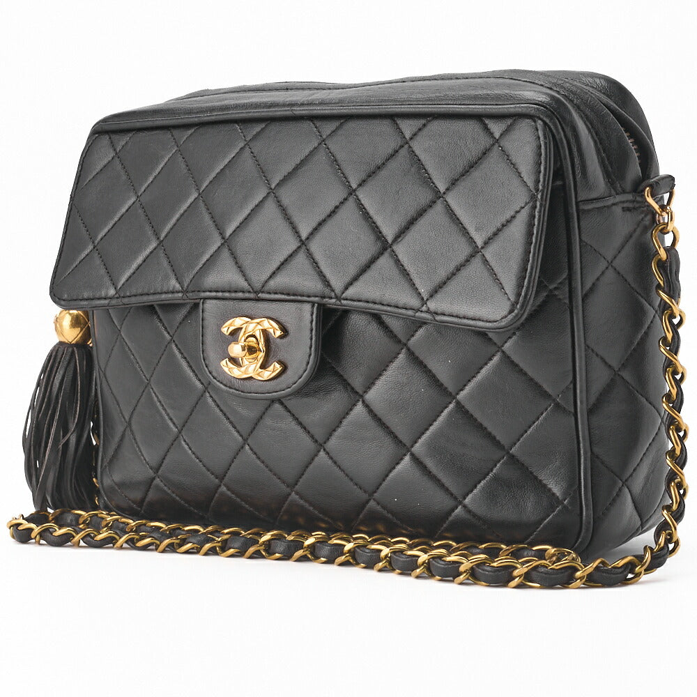 CHANEL Shoulder Bag Matelasse Outside Flap Fringe Chain Shoulder Lambskin Black Gold-Tone Hardware Pre-Owned - Vintage La Charme