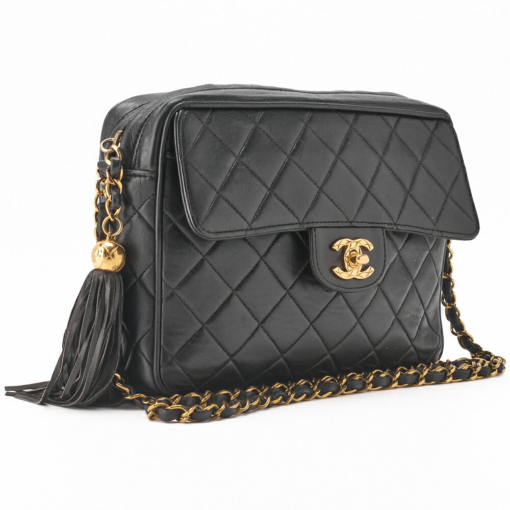 CHANEL Shoulder Bag Matelasse Outside Flap Fringe Chain Shoulder Lambskin Black Gold-Tone Hardware Pre-Owned - Vintage La Charme