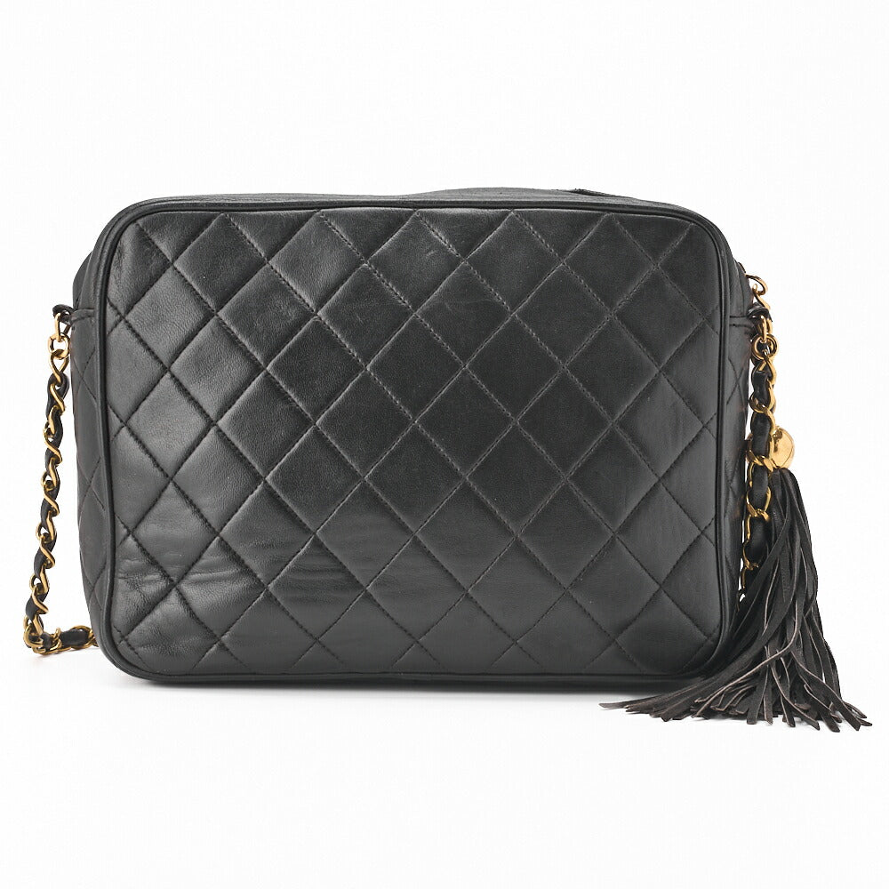 CHANEL Shoulder Bag Matelasse Outside Flap Fringe Chain Shoulder Lambskin Black Gold-Tone Hardware Pre-Owned - Vintage La Charme