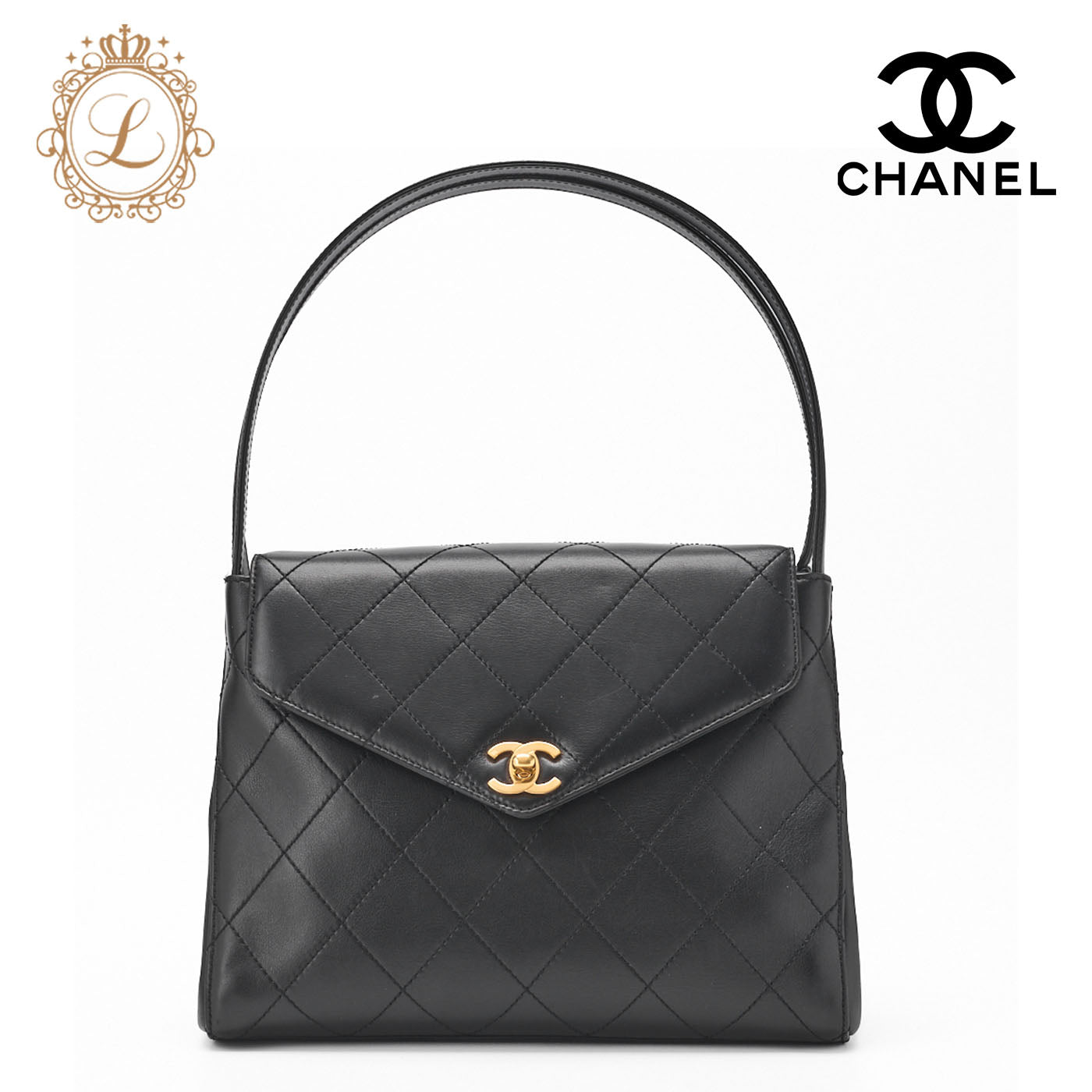 CHANEL Handbag Matelasse Turn Lock V Flap Calfskin Black Gold-Tone Hardware Pre-Owned - Vintage La Charme