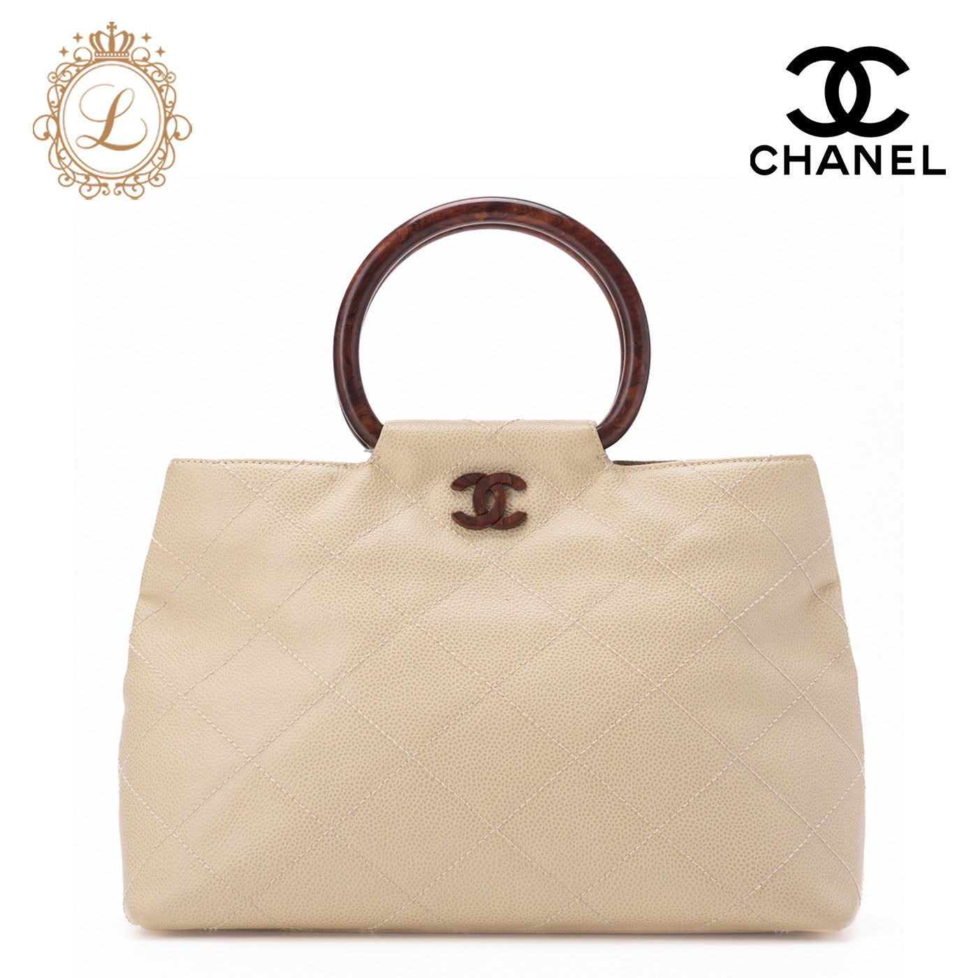 CHANEL Handbag Matelasse Coco Mark Wood Pattern Caviar Skin Beige Gold-Tone Hardware Pre-Owned - Vintage La Charme