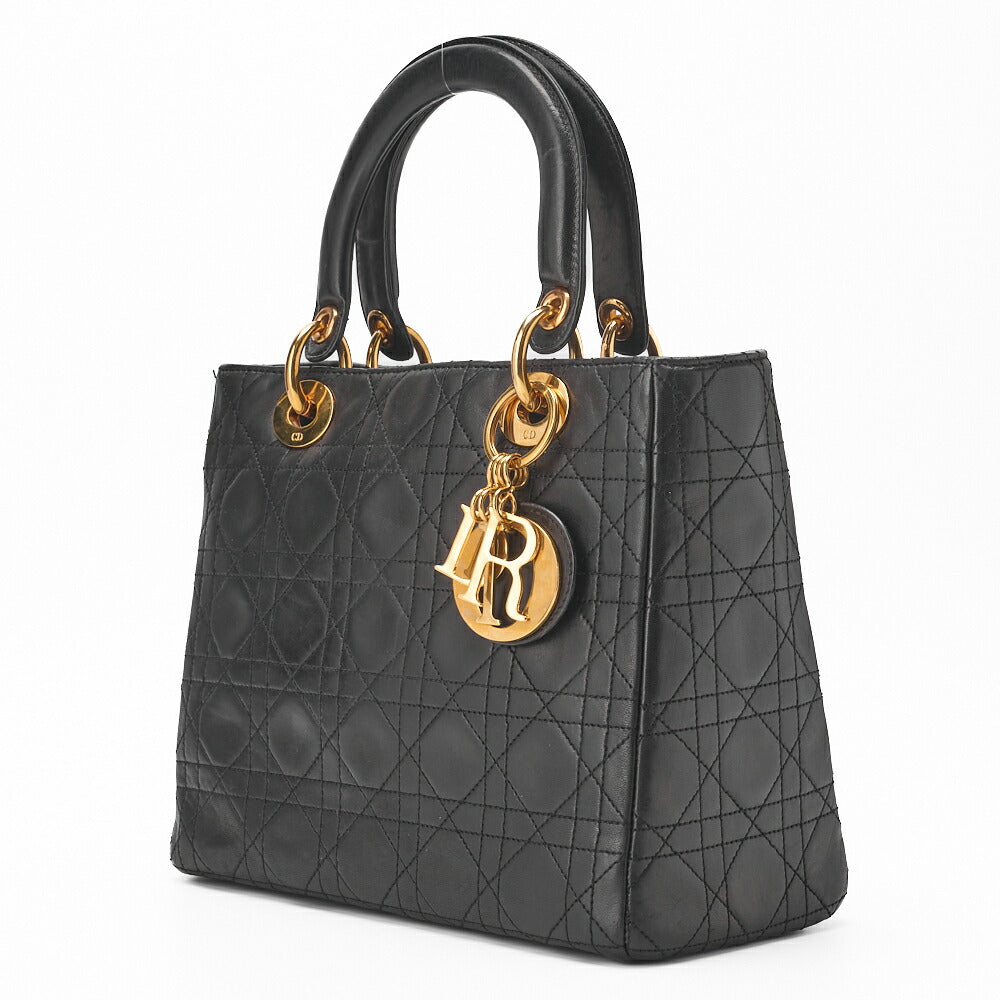 Dior Lady Dior Handbag Cannage Lambskin Black Gold-Tone Hardware Pre-Owned - Vintage La Charme