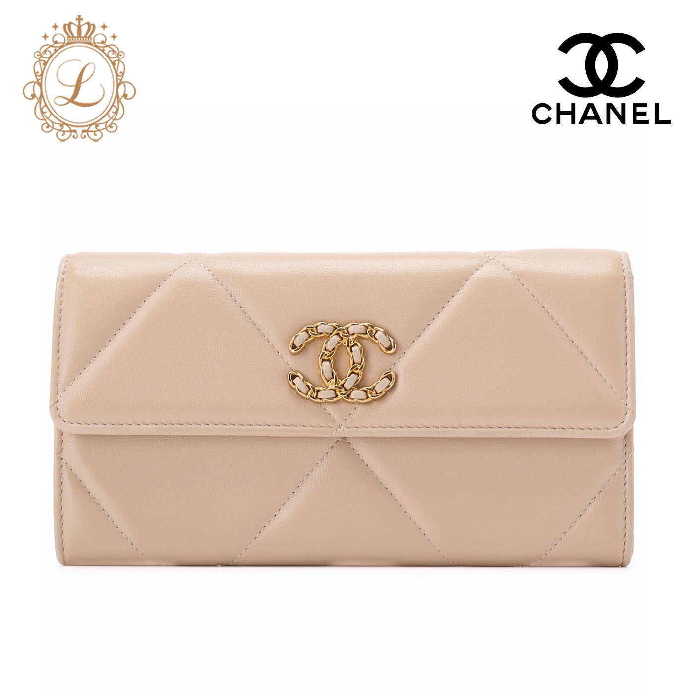 Chanel 19 Bi-fold Long Wallet Matelasse Lambskin Beige Gold-Tone Hardware Pre-Owned - Vintage La Charme
