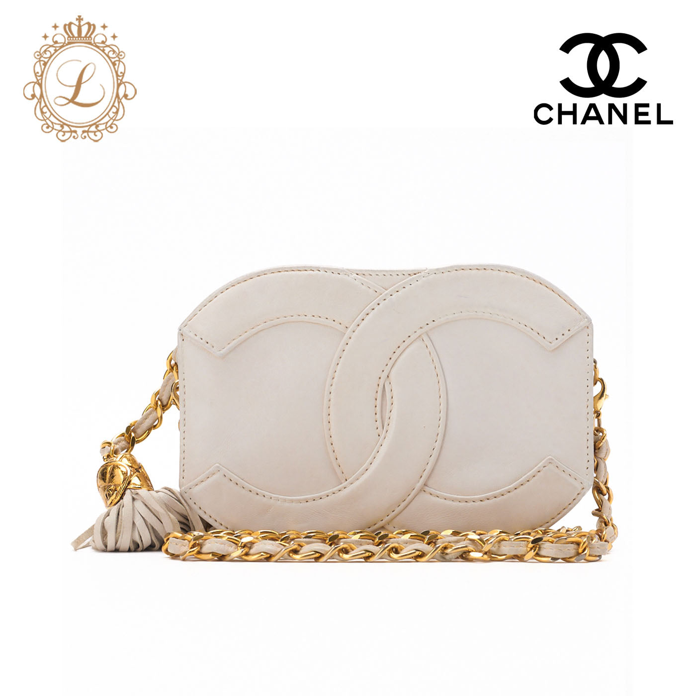 CHANEL Shoulder Bag, Coco Mark Fringe, Lambskin, White, Gold-Tone Hardware, Pre-Owned - Vintage La Charme