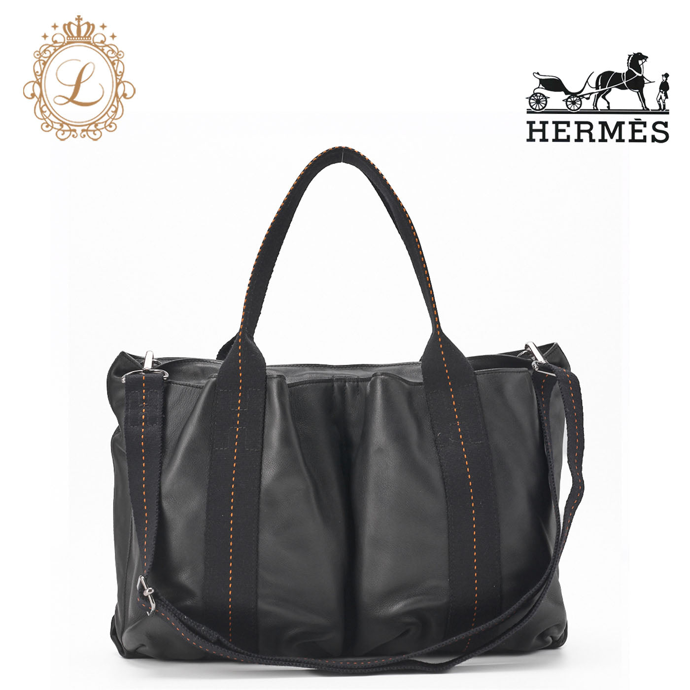 HERMES Caravan Horizontal MM 2WAY Tote Bag Vodelma Black Silver-Tone Hardware Pre-Owned - Vintage La Charme