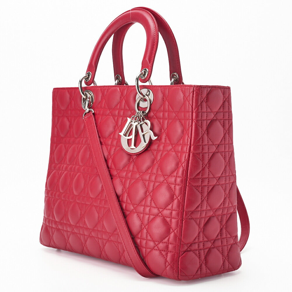 Dior Lady Dior Cannage 2WAY Handbag Lambskin Red Silver-Tone Hardware Pre-Owned - Vintage La Charme