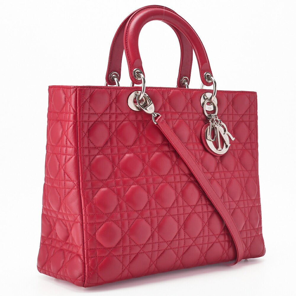 Dior Lady Dior Cannage 2WAY Handbag Lambskin Red Silver-Tone Hardware Pre-Owned - Vintage La Charme
